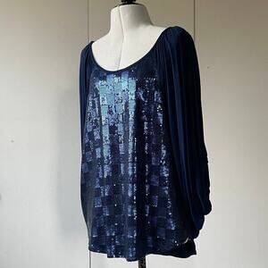 Vava Sequins Glitter Fun Top bat sleeve top in Navy for Spring, Made in USA, XS